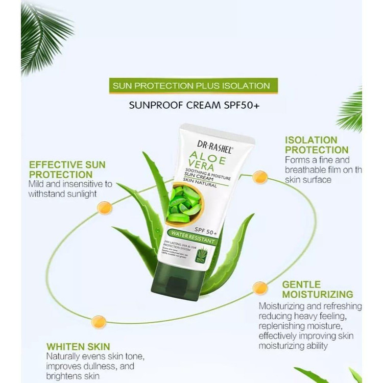 کرم ضد آفتاب بدون رنگ دکتر راشل SPF 50 مدل Aloevera مناسب انواع پوست حجم 60 میلیلیتر