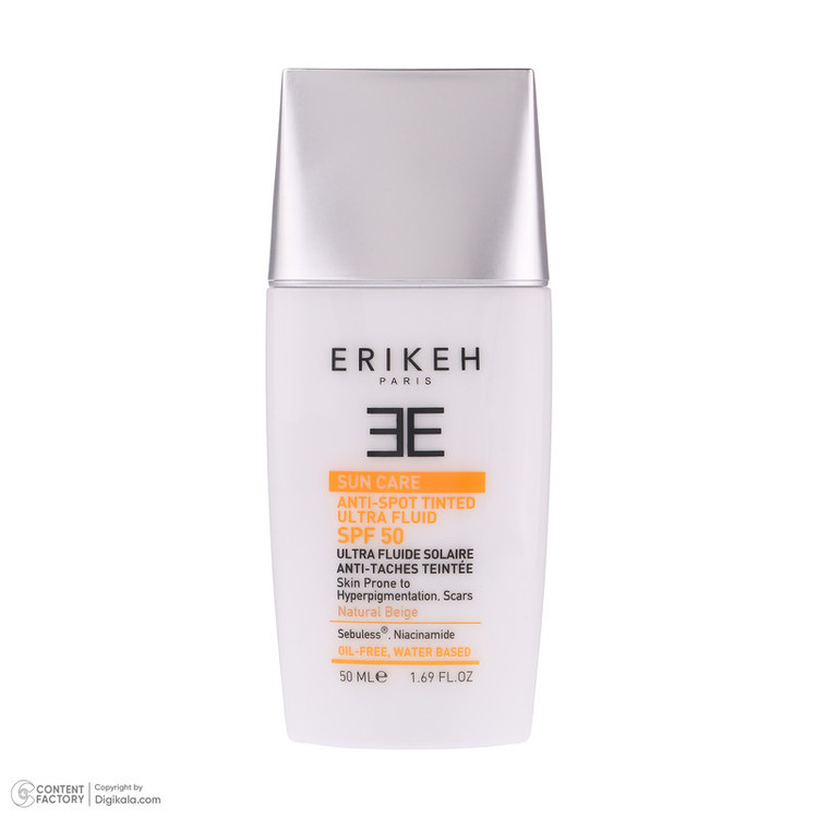 فلوئید ضد آفتاب رنگی اریکه spf 50 مدل ultra محافظ UVA ،UVB ضد لک، مناسب انواع پوست حجم 50 میلیلیتر