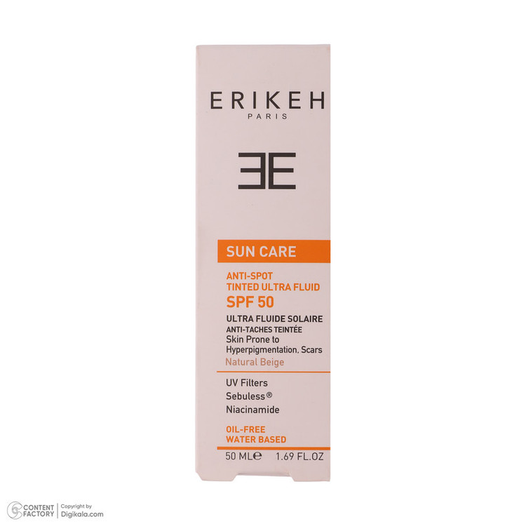 فلوئید ضد آفتاب رنگی اریکه spf 50 مدل ultra محافظ UVA ،UVB ضد لک، مناسب انواع پوست حجم 50 میلیلیتر