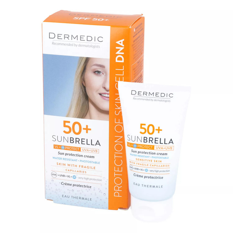 کرم ضد آفتاب بدون رنگ درمدیک SPF 50 مدل fragile مناسب پوستهای حساس حجم 50 میلیلیتر
