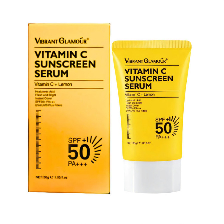 کرم ضد آفتاب بدون رنگ صورت ویبرانت گلمور spf50 مدل ویتامین سی محافظ UVA،UVB مناسب برای انواع پوست وزن 30 گرم