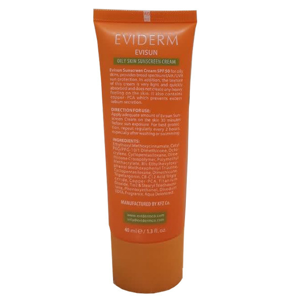 کرم ضد آفتاب رنگی اویدرم SPF50 مدل Evisun مناسب پوست های چرب حجم 40 میلی لیتر
