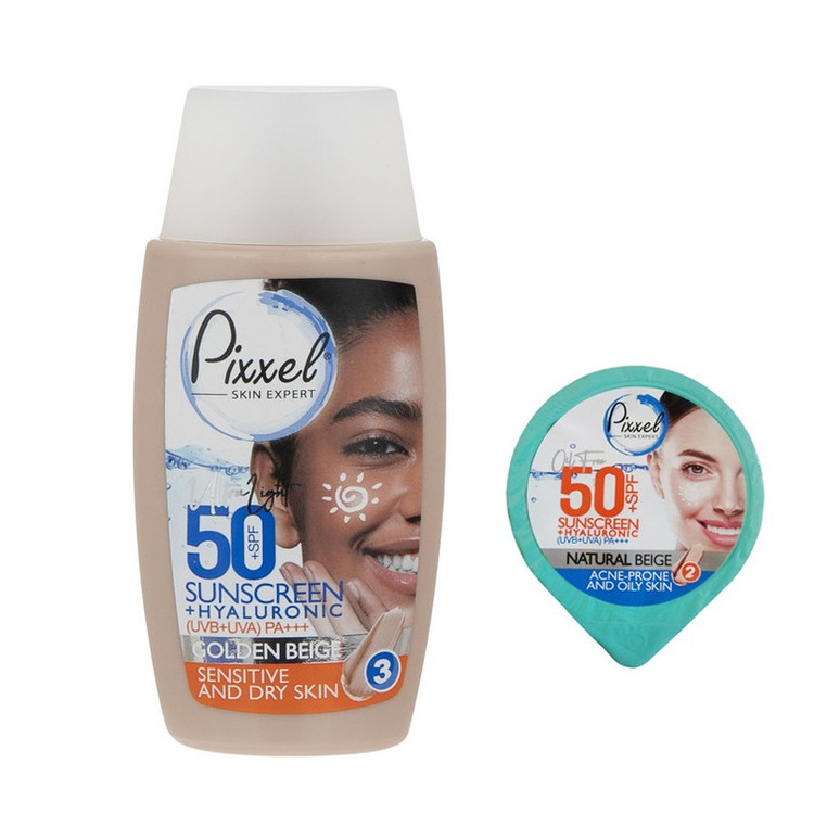 کرم ضد آفتاب رنگی پیکسل SPF 50 مدل 03 مناسب پوست های خشک حجم 50 میلیلیتر به همراه کرم ضد آفتاب رنگی پیکسل مدل SPF 50 حجم 7 میلی لیتر