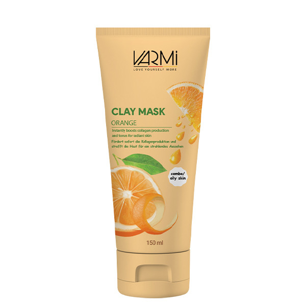 ماسک صورت خاک رسی پرتقال وارمی مدل Clay Mask حجم 150 میلی‌لیتر ضد جوش و آکنه، سم‌زدای عمقی، حاوی کپسول ویتامین C، روشن‌کننده و سفت‌کننده پوست، مناسب پوست چرب و مختلط