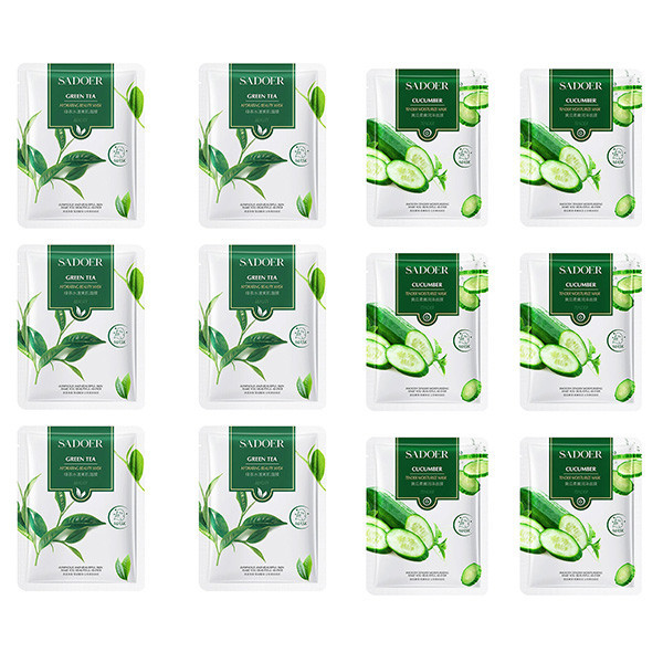 ماسک ورقهای صورت سادور مدل خیار و چای سبز وزن 25 گرم بسته 12 عددی با هیالورونیک اسید، آبرسان، مرطوبکننده، ضد چروک، روشنکننده، کوچککننده منافذ و تقویتکننده پوست مناسب انواع پوست