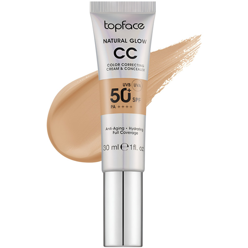 کرم پودر CC مایع +SPF50 تاپ فیس مدل NATURAL GLOW شماره 008 مناسب برای انواع پوست حجم 30 میلی لیتر