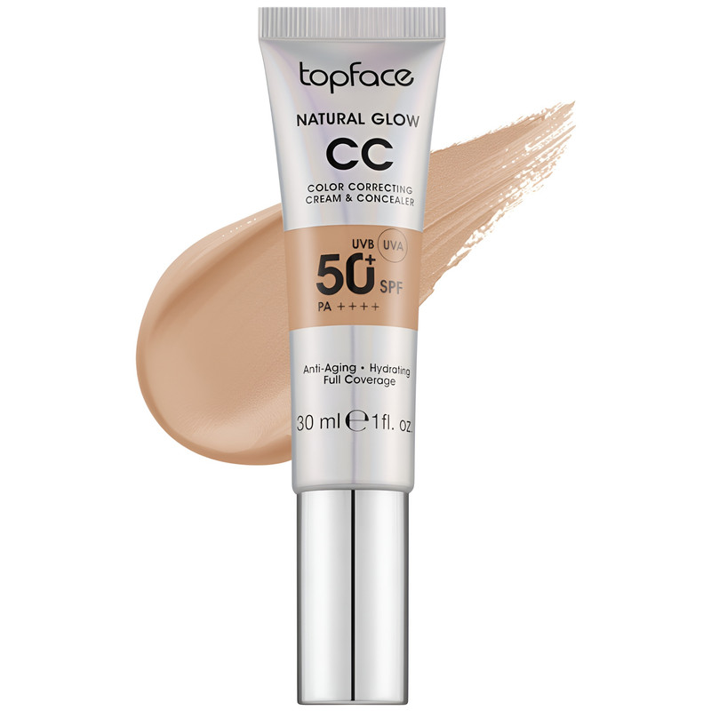 کرم پودر CC مایع +SPF50 تاپ فیس مدل NATURAL GLOW شماره 006 مناسب برای انواع پوست حجم 30 میلی لیتر
