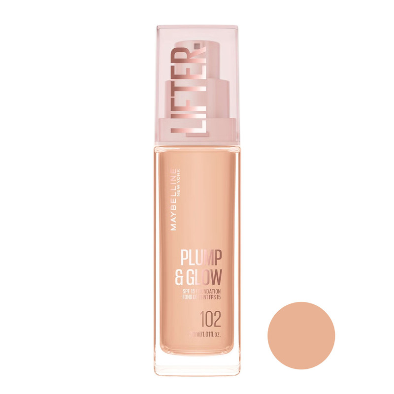 کرم پودر مایع spf15 میبلین مدل Plump &amp; Glow شماره 102مناسب برای انواع پوست حجم 30 میلی‌لیتر