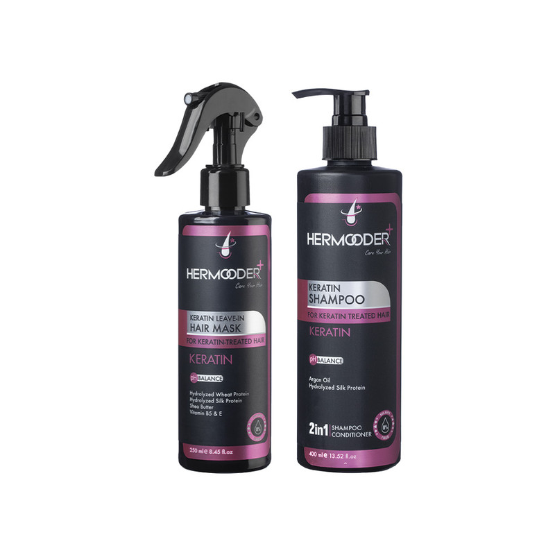 شامپو مو هرمودر مدل Keratin مناسب برای مو کراتین شده حجم 400 میلی لیتر به همراه ماسک مو هرمودر مدل Keratin مناسب برای مو کراتین شده حجم 250 میلی لیتر