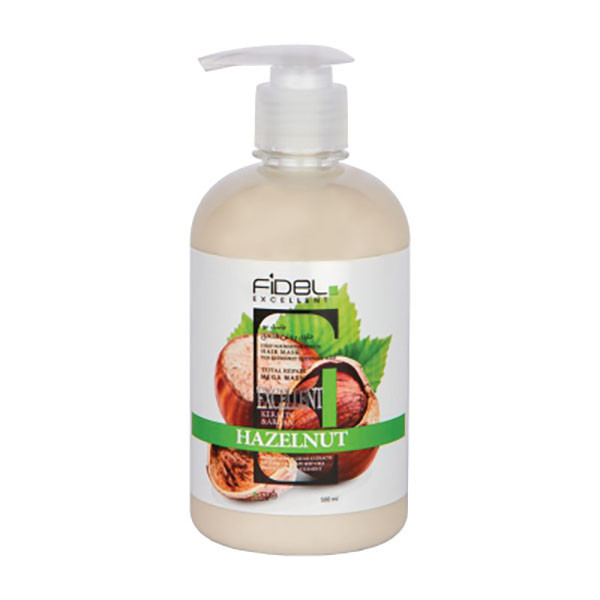 ماسک مو ترمیم کننده فیدل اکسلنت مدل Hazelnut keratinمناسب موهای آسیب دیده و رنگ شده حجم 500 میلی لیتر