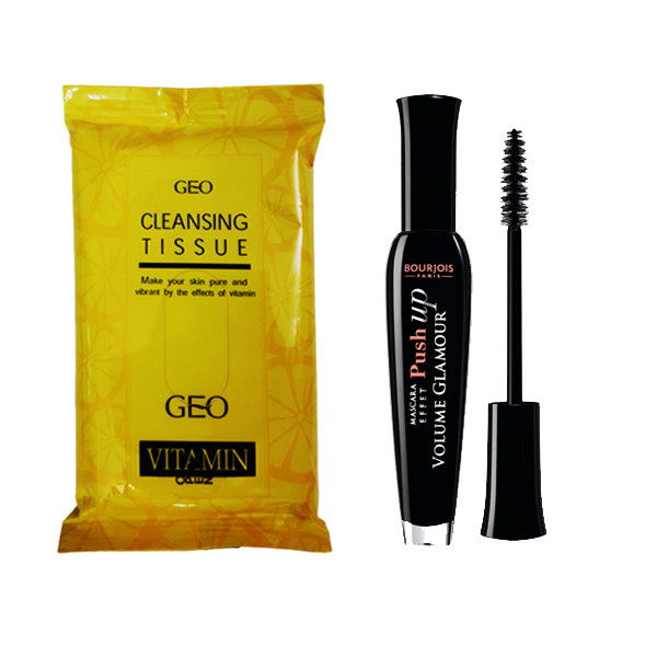 ریمل حجم دهنده بورژوآ مدل Push Up Volume Glamour به همراه دستمال مرطوب جیو بسته 10 عددی