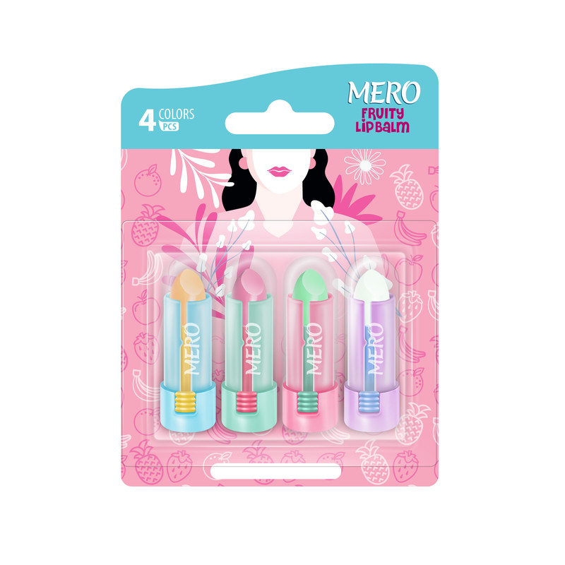 بالم لب بی‌رنگ میوه‌ای مرو مدل Mini-02 بسته 4 عددی با گلیسیرین، موم عسل، مرطوب‌کننده و آبرسان، مناسب پوست خشک و معمولی، قابل استفاده برای بانوان و آقایان، با محفظه ماتیکی و ابعاد کوچک