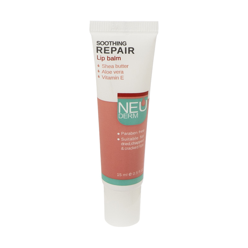 بالم لب مرطوب‌کننده و آبرسان نئودرم مدل Soothing Repair حجم 15 میلی‌لیتر با عصاره آلوئه‌ورا، شی‌باتر و ویتامین E مناسب پوست خشک و حساس بدون الکل و پارابن