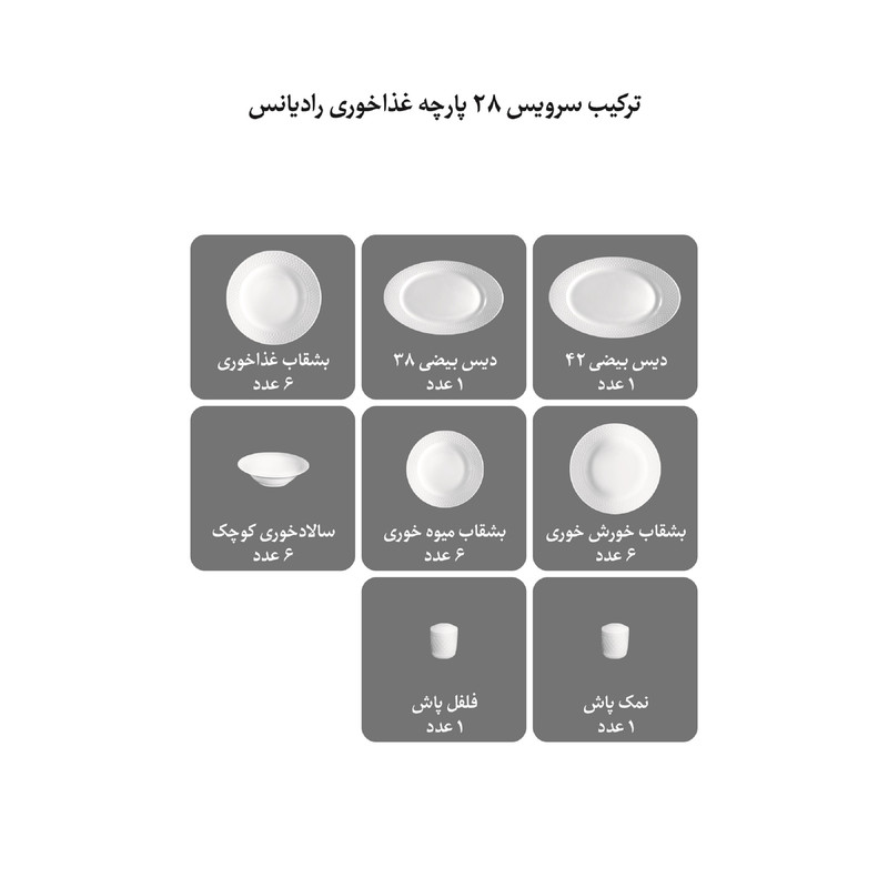 سرویس غذاخوری چینی 28 پارچه 6 نفر چینی زرین ایران مدل رادیانس آداجیو درجه عالی