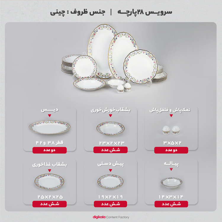 سرویس غذا خوری 28 پارچه چینی زرین ایران سری ایتالیا اف مدل Golestan 2 درجه عالی