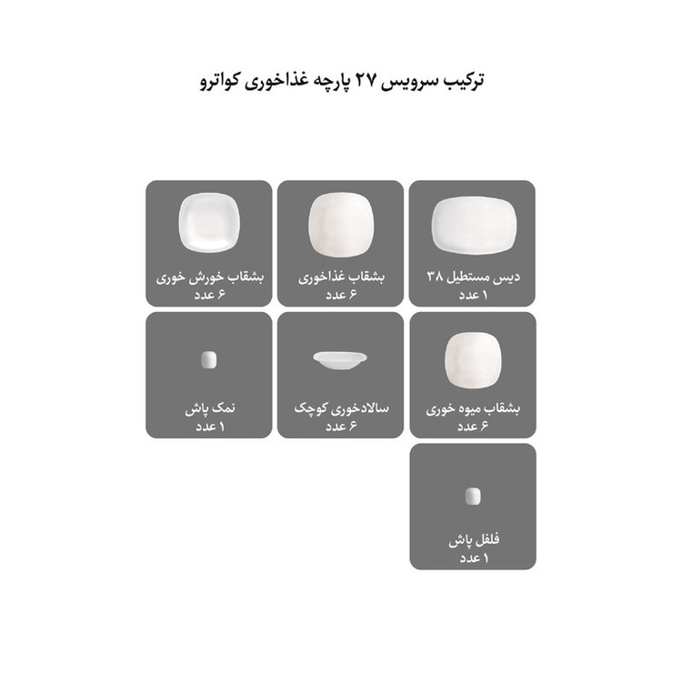 سرویس غذاخوری 27 پارچه چینی زرین ایران مدل کویین کد 011 درجه یک