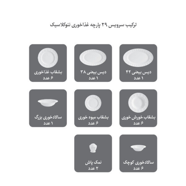 سرویس غذاخوری 29 پارچه چینی زرین مدل نئوکلاسیک دلسا درجه 3