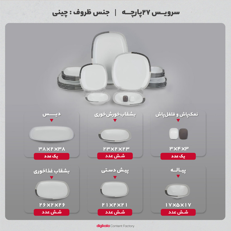 سرویس غذاخوری 27 پارچه چینی زرین ایران سری کواترو مدل وگاس اوریت درجه یک