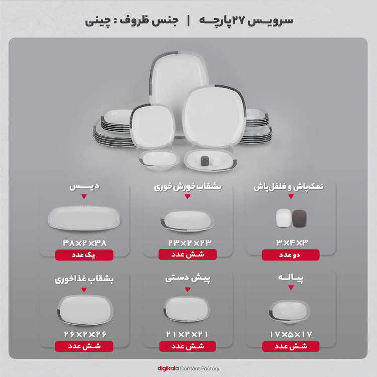 سرویس غذاخوری 27 پارچه چینی زرین ایران سری کواترو مدل وگاس اوریت درجه یک
