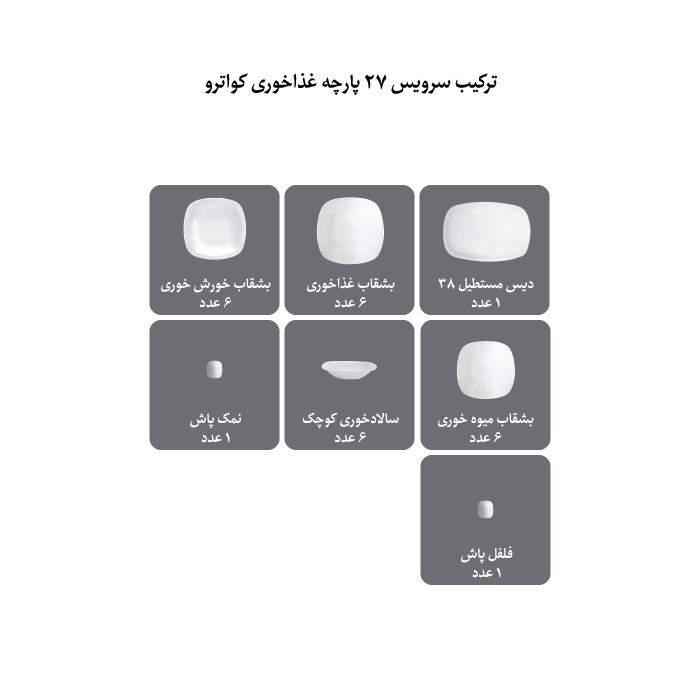 سرویس 27 پارچه چینی زرین ایران سری کواترو مدل White درجه سه