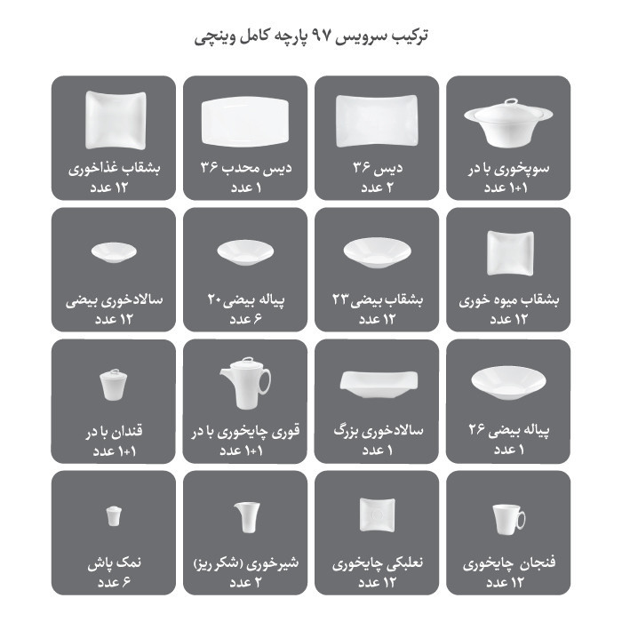 سرویس غذاخوری 97 پارچه چینی زرین ایران مدل سپینود درجه یک