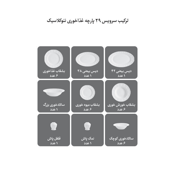 سرویس غذاخوری 29 پارچه چینی زرین ایران سری نئوکلاسیک مدل آرتمیس درجه یک
