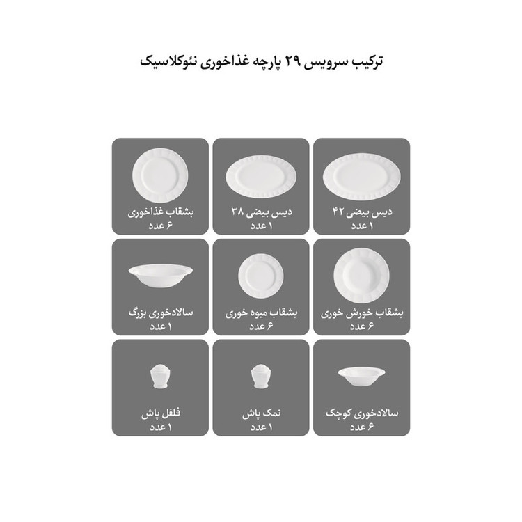 سرویس غذاخوری 29 پارچه چینی زرین ایران سری نئوکلاسیک مدل پاستل درجه یک