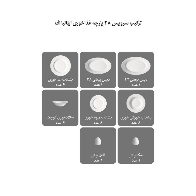 سرویس غذاخوری 28 پارچه چینی زرین ایران مدل ایتالیا اف زرین درجه 3