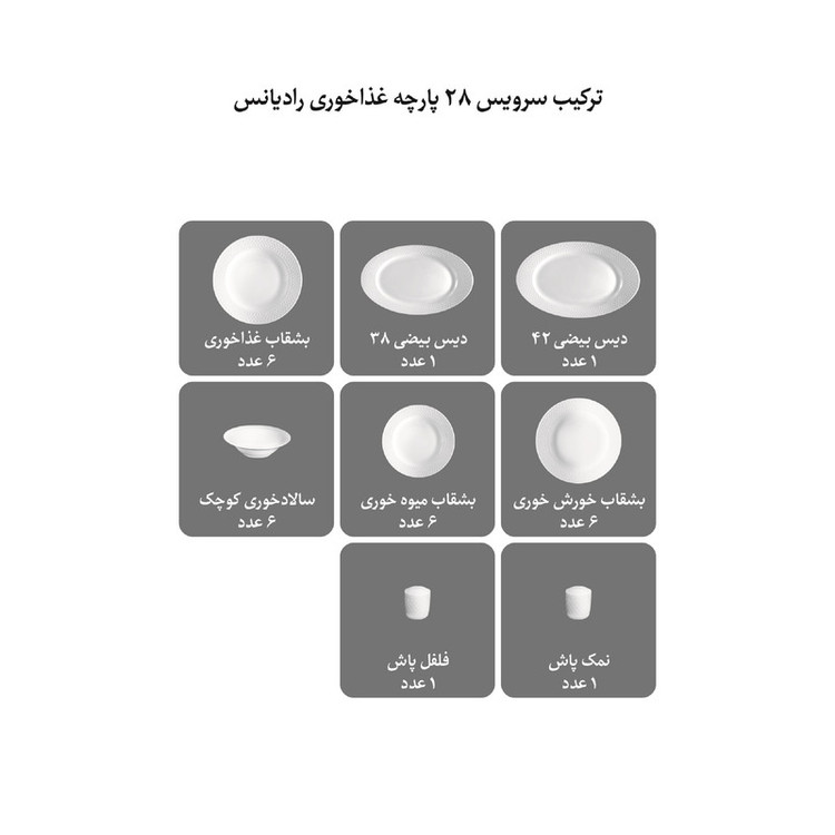 سرویس غذاخوری 28 پارچه 6 نفره چینی زرین ایران مدل رادیانس زرین درجه 3