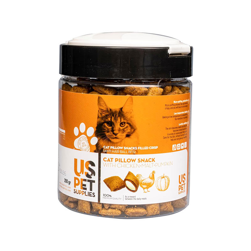 تشویقی مغزدار گربه یو اس پت مدل Cat Pillow Snack با طعم مرغ، مالت و کدو تنبل وزن 200 گرم