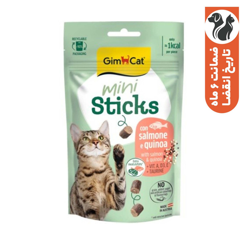 تشویقی گربه جیم کت مدل Mini Sticks طعم ماهی سالمون و کینوا وزن 50 گرم